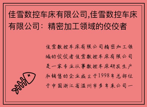 佳雪数控车床有限公司,佳雪数控车床有限公司：精密加工领域的佼佼者